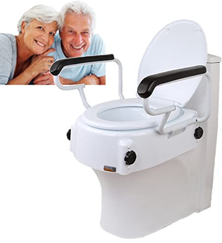 Erhöhter Toilettensitz mit Deckel, Toilettensitzlift, Toilettensitzerhöhungen – 3-Fach verstellbare/klappbare Armlehnen, Badehilfe für Behinderte und ältere Menschen