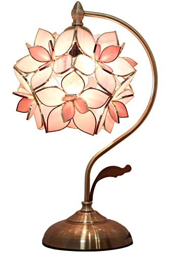 Bieye L30833 Tischlampe im Tiffany-Stil mit Buntglas und Blütenblättern, mit Messingsockel für die Inneneinrichtung (Rosa, 8 Rosenlilie)