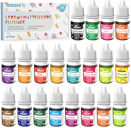 Lebensmittelfarbe – 20 Farben Hochkonzentriert Lebensmittelfarbe Flüssige zum Tortendeko, Backen, Ostereierfarbe, Macaron, Fondant, Lebensmittel Farben Set für Kochen, Airbrush, DIY Seifen - 6ml