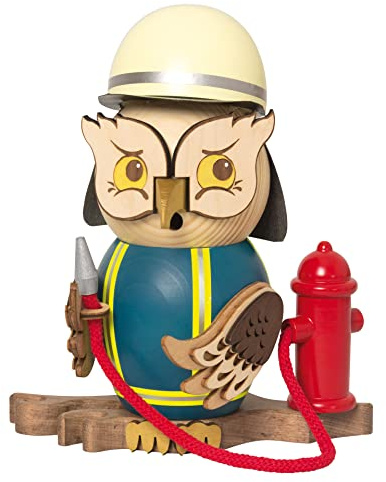 Drechslerei Kuhnert Rauchfigur/Räucherfigur - Eule Feuerwehr aus Massivholz - ca. 15 cm - Made in Germany