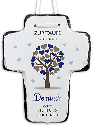Feenstaub Taufkreuz, Schieferkreuz mit Namen, Datum und Spruch, Erinnerung an die Taufe, Taufgeschenk, personalisiertes Kinderkreuz zum Aufhängen oder Aufstellen, Geschenk Taufe Baum