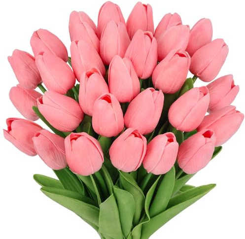 MACTING 30PCS Artificial Tulip Flowers 13.7 Real Touch Fake PU Tulips Bouquet Faux Pink Flowers for Floral Arrangements Table Centerpieces Kitchen Home Indoor Spring Mothers Day Easter Decorations
