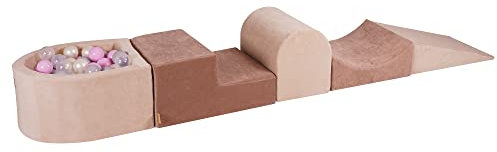 MEOWBABY Schaumstoff Bausteine Kinder - Bausteine XXL aus Schaumstoff mit Bällebad und 100 Bälle für Kinder - Baby Softbausteine zum Klettern, Samt, Ecru-Beige