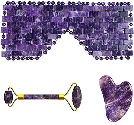 Jade Augenmaske Gesichtsmassage Roller Set Natürlicher Rosenquarz Schlafaugenmaske Gesichtsroller,Amethyst Ganzes Set