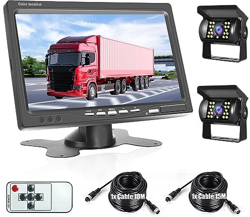 Rückfahrkamera Set mit 7 Zoll Monitor Fahrzeug 2 Rückfahrkamera,IP68 Wasserdicht,18IR Nachtsicht,Kabel Einparkhilfe für LKW/Anhänger/Bus/Van/Landwirtschaft/Wohnmobile/Wohnwagen mit 15m+10m Videokabel