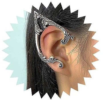 Yheakne Pendientes góticos de elfo de plata con diseño de elfo, aretes de clip vintage para cartílago, aretes de oreja elfa, joyería para mujeres y niñas (derecha), Zinc