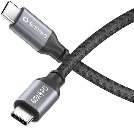 Sonero® Câble de chargement USB-C vers USB-C, câble de chargement pour téléphone portable, câble de chargement rapide USB C, câble USB Type C, USB 2.0, 60W PD, gris/noir, 1,00 m