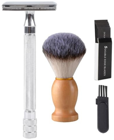 Angoily Máquina de Afeitar Manual Clásica para Rostro y Bigote, Doble Filo, Metal Plata, con Brocha y Juego de Cuchillas para Uso en Casa