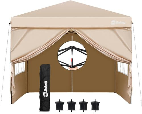 Sekey Pop Up Pavillon 3x3 Wasserdicht Stabil Winterfest, Faltpavillon 3 x 3 m, Camping Pavillion Faltbar Partyzelt mit Seitenwänden, Höhe Verstellbar in 3 Stufen, Grau (Beige, Höhe 270)