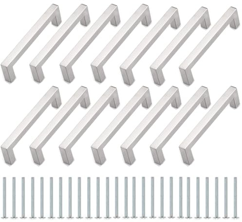 MUXHEL 14 PCS Brushed Nickel Kitchen Cabinet Handles, 160mm Hole Centre Square Bar Cupboard Door Pull Handles, 201 Stainless Steel Modern Handles for Kitchen/Bedroom/Bathroom Cabinets, Screws Included