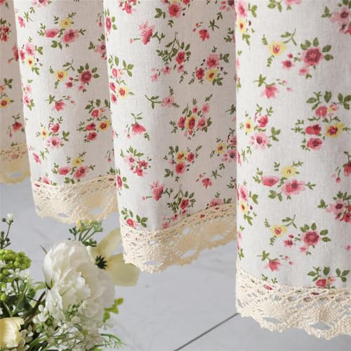 Moslovstar Farmhouse-Vorhang aus Baumwollleinen, 90 cm lang, eleganter Fenstervolant aus Blumenspitze, kurzer Vorhang für Küche und Bad, 1 Paneel, kleine rosa Blume