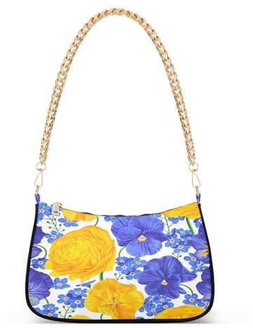 Mnsruu Umhängetasche mit Kette für Damen, Blume, Stiefmütterchen, Vergissmeinnicht, Handtasche, Unterarm, Damen, kleine Crossbody-Tasche, Reißverschluss, A1228, 18 x 28 x 7 cm
