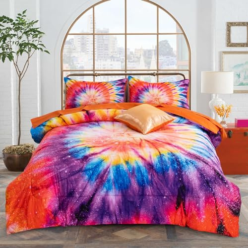 A Nice Night 6Pcs Bed in a Bag Bedding Set Tie Dye Galaxy Children Comforter Set, Psychedelic Swirl Pattern Colorful Boho, BoysGirls Quilt Sets,Orange,Twin