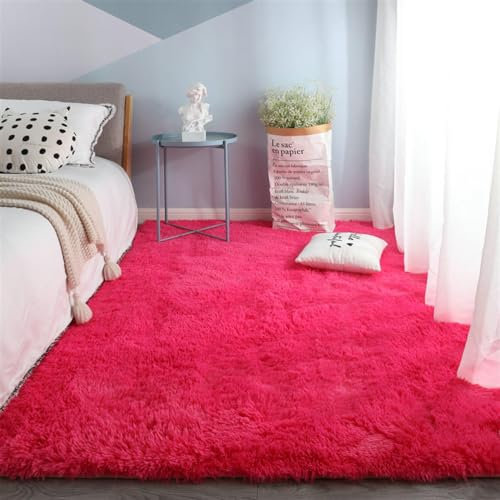 GueTTO Hochflor Teppich Modern Flauschig Weich Groß für Wohnzimmer Deko Schlafzimmer Flur Läufer Outdoor Carpet Langflor Fellteppich Kunstfell Shaggy Einfarbig Bettvorleger,Rose red,120x160cm