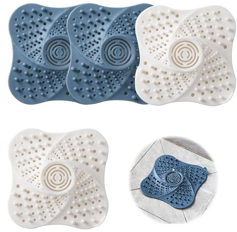 HEOUCH 4 Pezzi Filtro Scarico Doccia Silicone, Raccogli Capelli Doccia, Quadrato Retina per Doccia Scarico, Riutilizzabile, per Sale Doccia, Bagni, Cucine, Cattura Capelli e Sporcizia