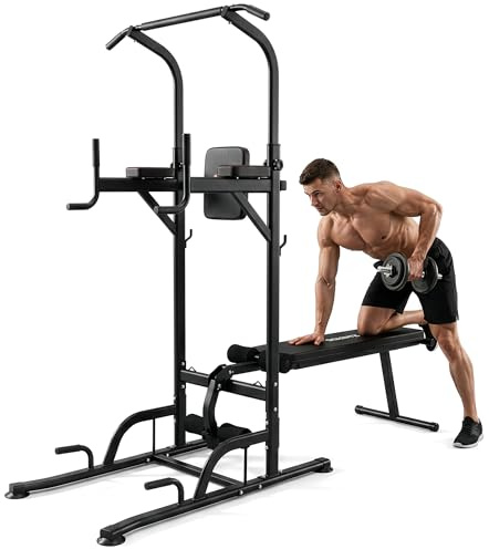 SQUATZ Pull-Up Dip Station - Your All-in-One Power Tower Gym and Chin-Up Bar Stand with Collapsible Bench for Home Exercise and Bench Press