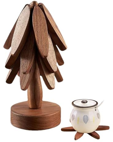 Wooden Trivets for Hot Dishes, Wooden Coasters Set, 3 Wooden Tree Coasters +1 Stand, Tree Shape Trivet Set Coaster, Trivets for Hot Pots and Pans, Wood Placemats for Christmas Table Decoration