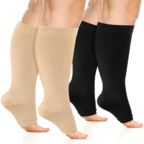 2Pairs Plus Size Compression Socks, Wide Calf Open Toe Medical Compression Stockings Support, Knee High Calf 15-25mmHg Flight Toeless Compression Socks for Women (XXL)