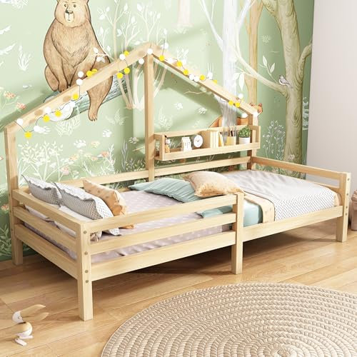Kinderbett 90x200cm mit Rausfallschutz, Kinder Hausbett mit Ablageregal, Stabiles Holz Baumhausbett mit Lattenrost, Spielbett für Jungen & Mädchen (Natur)