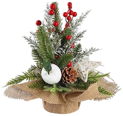 JYCRA Mini-Weihnachtsbaum, Kleiner Künstlicher Tisch-Weihnachtsbaum, Kleiner Weihnachtsbaum, Künstliche Mini-Weihnachtsbaumdekorationen mit Rotem Beeren-Tannenzapfen-Grün (Weißer