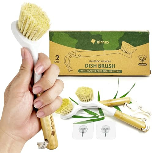 Pack of 2 Dish Brushes with Bamboo Handle - Made from Wheat Straw Head & Medium Stiff Sisal Bristles - Plastic Free, Non Scratch, Odour Free Bamboo Brushes for Kitchen - Green America & PETA Certified
