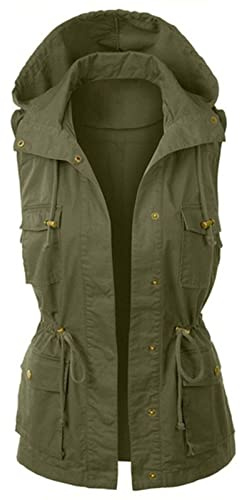 Womens Hooded Sleeveless Utility Vest, Lightweight Casual Military Style Gilet with Pockets, Water-Resistant Outdoor Jacket, Fashionable Drawstring Waistcoat for Women, Ideal for Hiking