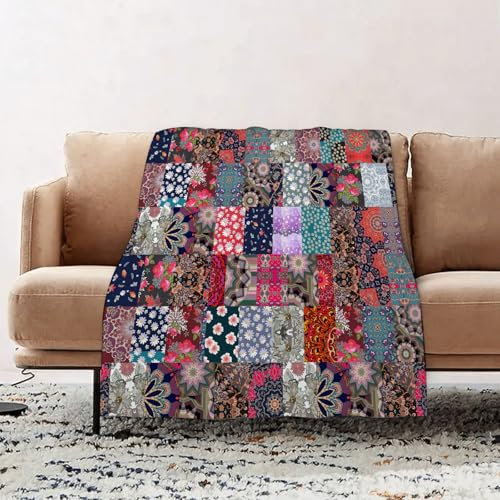 EOMKSE Coperta Morbida - Plaid Divano Super Morbida - Coperta Morbida Leggera Per Letto,Divano,Campeggio e Viaggi, motivo patchwork in stile russo con bellissimi fiori.100x130cm