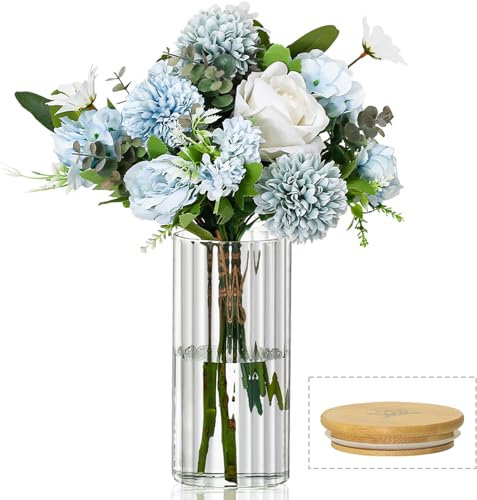 Anquephd Jarrón de cristal de 20 cm con tapón de madera, mini jarrón de cristal con estructura interior para flores, decoración de mesa para bodas, cumpleaños, baby shower, jarrones transparentes y