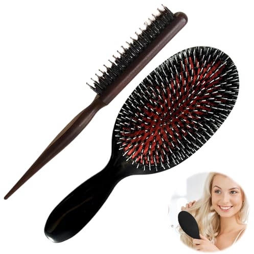 2 Pcs Extension Boar Bristle Hair Brush, Hair Brush for Extensions, Long Thick Curly Wavy Dry or Damaged Slick Back