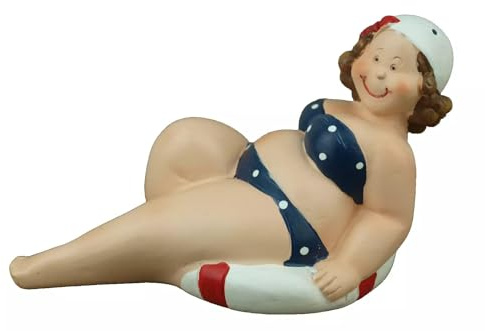 Generisch Deko Figur Mollige Badenixe Dicke Dame Frau im Badeanzug Urlauberin Badefrau Polyresin Schwimmring (3998Blau-C)