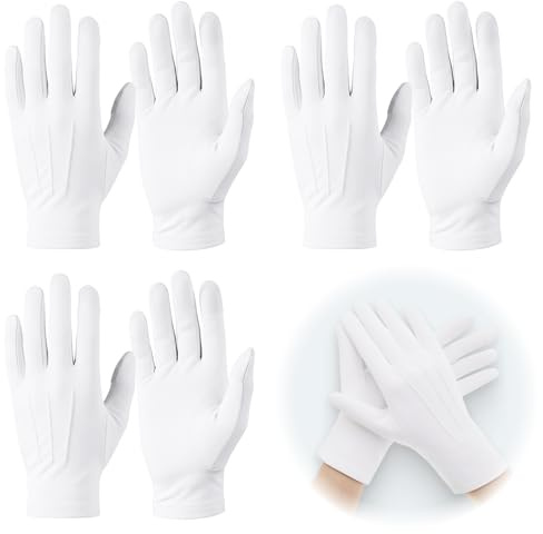 Icyowls 3 Paar Baumwollhandschuhe, Weiße Handschuhe, Baumwollhandschuhe Weiß – dünne, atmungsaktive & dehnbare Stoffhandschuhe – ideal für Arbeit, Kostüme, Reinigungsarbeiten & Münz-/Silberprüfung