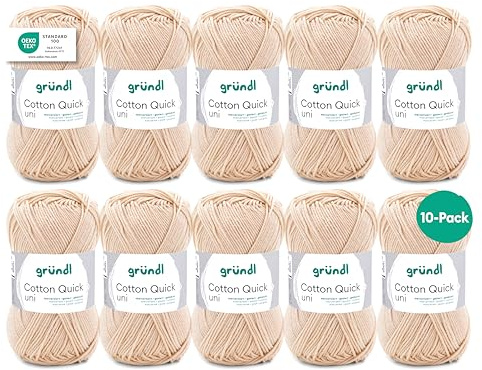 Gründl Laine Cotton Quick uni Fil à crocheter 10 pelotes 50 g, Coquille | laine fine pour crochet – fil à tricoter – fil à crocheter – brillante et douce pour la peau – 100 % coton – 50 g / 125 m