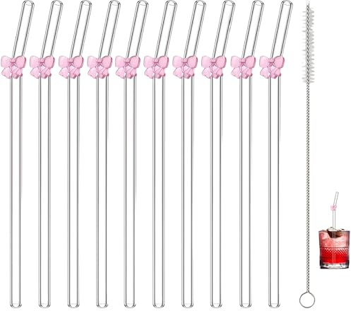 11 PCS Glass Straws With Pink Bow Charms - Clear Drinking Set 20cm for Smoothies, Tea, Coffee, Milkshakes - 10 Straws + 1 Cleaning Brush