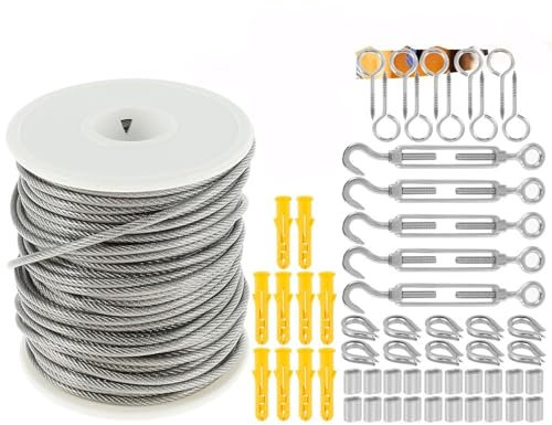 Wire Rope Kit 15/30m Cable Guardrail Ropes PVC Steel Coated Flexible Wire Soft Stainless Steel Clothesline Fence Roll With Steel Cord Hooks For Grapevines Trellis, Tent Rope(30M)