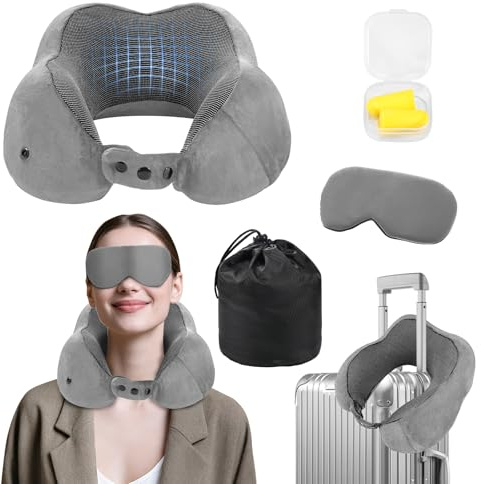 Nackenkissen Flugzeug, Stützendes Nackenhörnchen für Erwachsene, Abnehmbar Reisekissen Memory Foam, Verstellbares Nackenkissen Reise, Ergonomisches mit Ohrstöpseln, Augenmaske,Tragetasche (Grau)