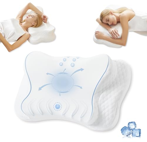 Releep Adjustable Neck Pillow, Cooling Ergonomic Side Sleeper Pillow, Contour Neck Support Pillow, Memory Foam Bed Pillow for Back Stomach Sleeper, White