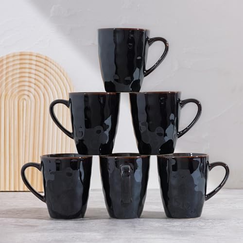 Kaffeebecher 6 StückTeilig, Keramik Tassen Teetasse für 6er Set, Steingut Tasse Handmade, Spülmaschinen Mikrowellenfest, Coffee Mug, Kaffeetassen 350ml Kaffee Becher Schwarz