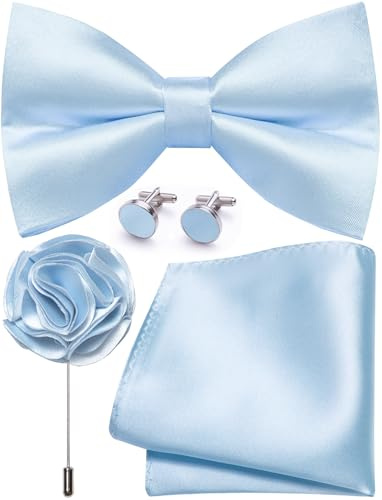 Ailisus Mens Baby Blue Bow Tie and Pocket Square Cufflinks Lapel Pin Set Silk Pre-tied Bowtie Adjustable Wedding Party Business