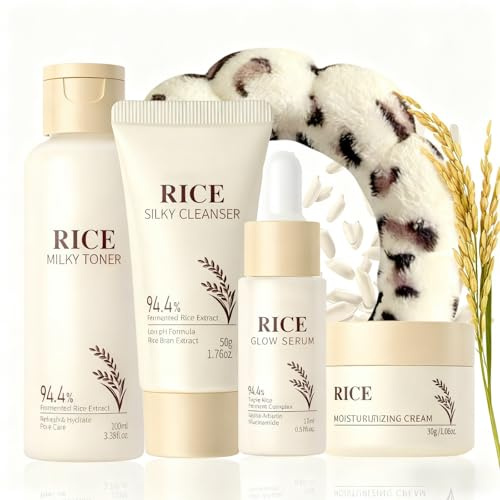 Reis Gesichtspflege Skincare Set - 5PCS Reis Beauty Geschenkset Frauen - Rice Pflegeset Damen Skin Care - Tiefe Feuchtigkeit, Beruhigende Korean Skincare Set - Mit Reiniger, Rice Toner, Creme, Serum