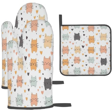 Mexpekil Maniques et gants de four, motif chat mignon avec cœurs, gants de cuisson et tapis résistant à la chaleur pour la cuisine, le barbecue, accessoires de cuisine