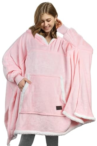 Catalonia Classy oversize poncho huvtröja filt varm present för kvinnor, fluffig gosig tröja filt huvtröja kvinnor flickor, överdimensionerad bärbar filt med ärmar vuxna tonåringar,, Poncho-Rose