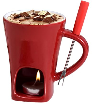 Chocolate Fondue Mug Set, 400ML Ceramic Chocolates Melting Cup, Handmade Chocolate Melting Coffee Mug with Candle Fork, Heat Resistant Cheese Chocolates Fondue Tea Cup Set, for Family Party