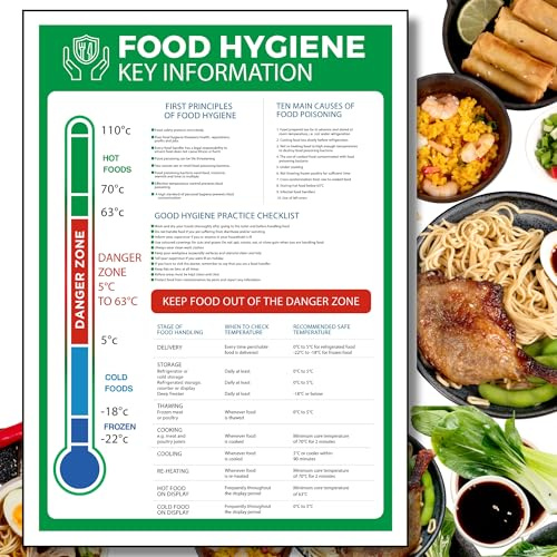 Food hygiene Safety Sign Self adhesive vinyl stickers A4 1x Health and safety compliant Waterproof-Oil proof kitchen Safety sign sticker, kitchen hygiene poster for kitchens,schools,restaurants