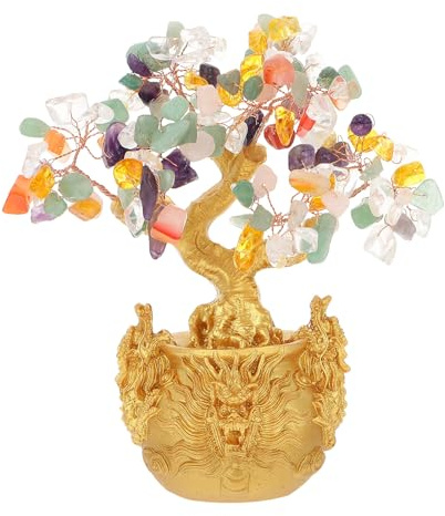 DECOMELODY Árbol Fortuna de Resina 18 CM Cristales Multicolor Adorno Feng Shui para Escritorio y Decoración del Hogar Bonsái Árbol del Dinero para Oficina y Sala