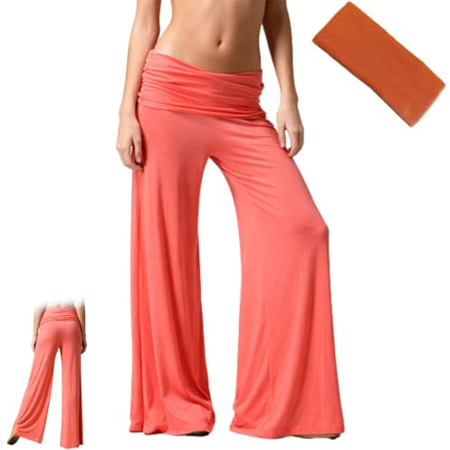 Qinayig Pantaloni a pieghe color corallo, larghi pantaloni Palazzo con risvolto alto, pantaloni da yoga color corallo con fascia in vita, Corallo, M
