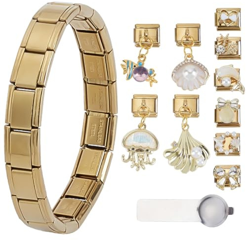 WEBEEDY Ensemble de Bracelets Charmes Italiens Dorés avec Bracelet Étoile, 10 Charms Pendentifs et Outil d'Ouverture pour Femmes, Bracelet Chaînon Réglable Bijou Personnalisé Cadeau pour Fête des