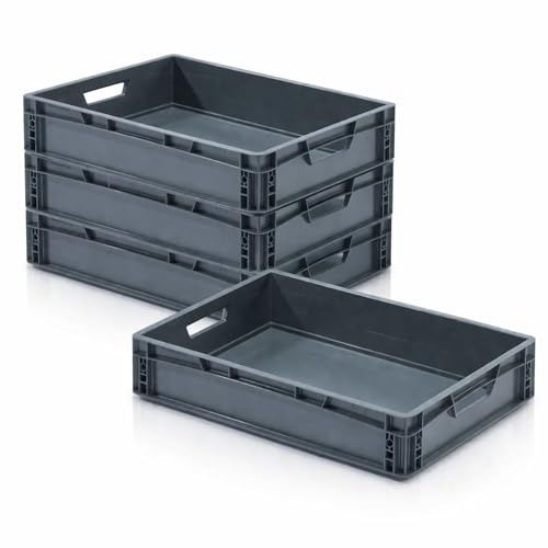 RODOPI 4x Eurobox 60x40x12 cm, stapelbar, graue Transportbox aus PP-Kunststoff, Eurobehälter mit 2 Grifföffnungen, Aufbewahrungsbox für Lager, Werkstatt, Haushalt