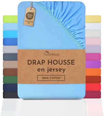 NatureMark Lenzuolo con angoli elasticizzati in jersey, in 100% cotone, in molti colori e misure, conforme all’Oeko-Tex Standard 100, 200 x 220 cm + 40 Steg Azzurro
