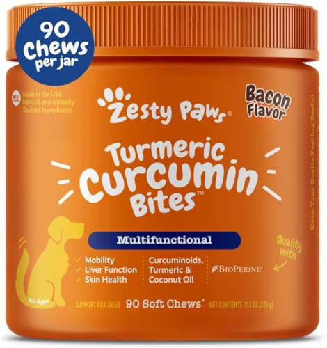 Zesty Paws, Turmeric Curcumin Bites for Dogs, Everyday Vitality, All Ages, Bacon Flavour, 90 Soft Chews