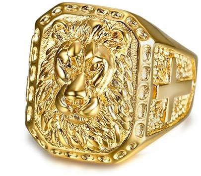 BOBIJOO Jewelry - Grosse Chevalière Bague Homme Tête de Lion Acier Inoxydable Or Doré Plaqué Croix Voyageur - 73 (14 US)